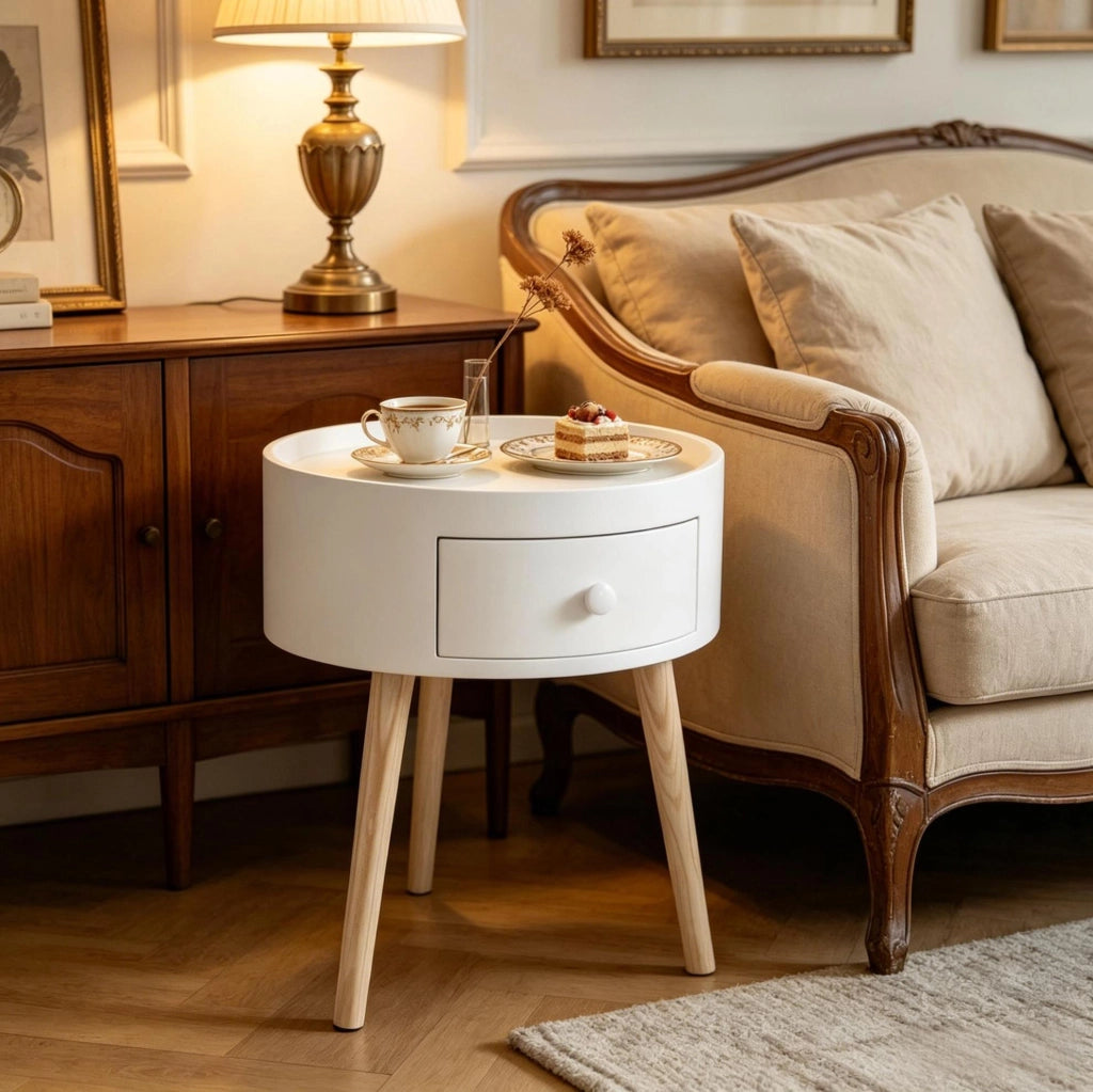 Comodino rotondo 38x38x45 cm in MDF e legno, bianco, con cassetto –