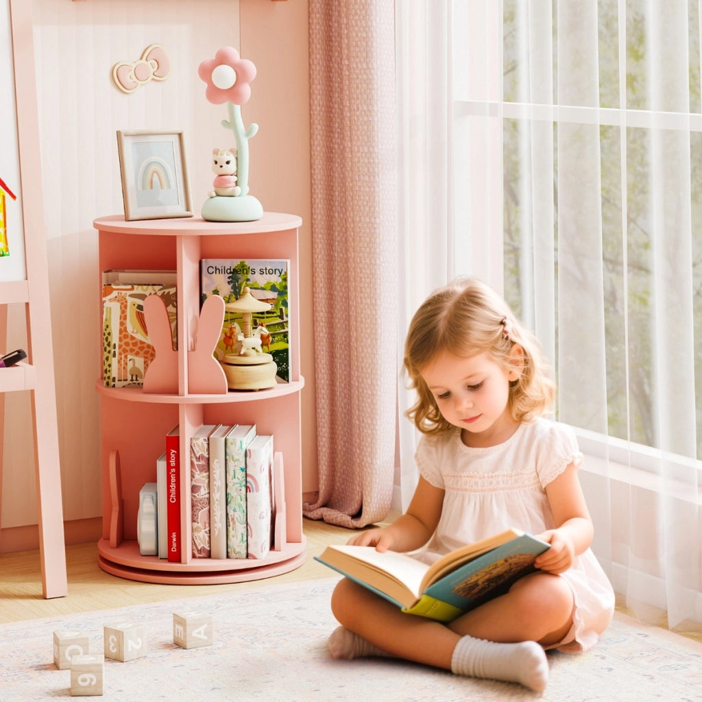 Libreria 360¡ã rotante bambini e set tavolo sedie bambini rosa, Libreria rotante 2 ripiani e set tavolo sedie legno-Per i bambini