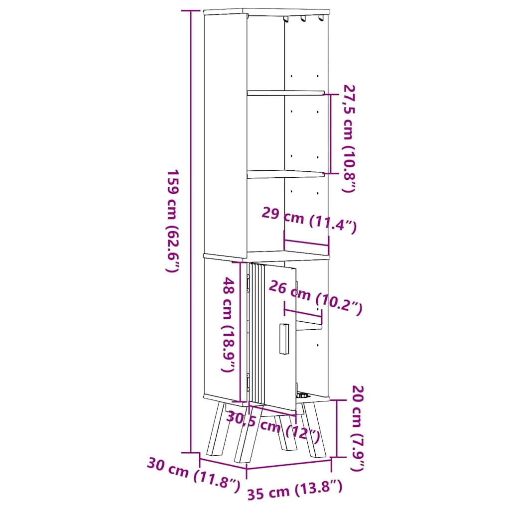Mobiletto da bagno moderno con vano portaoggetti verticale 35 x 30 x 159 cm in legno massello di pino marrone 02_0058496