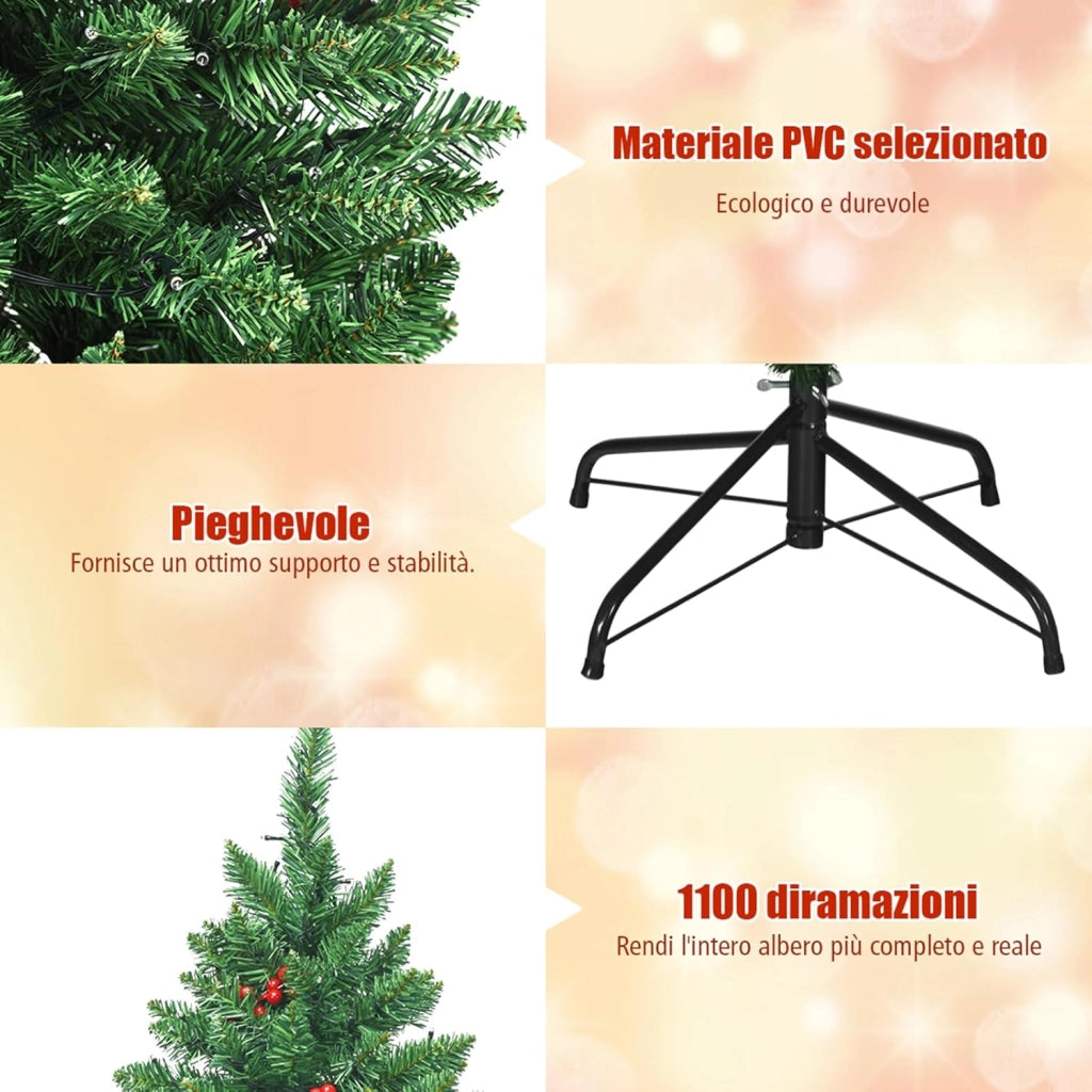 Albero di Natale 135/195 cm, Albero di Natale con 300/450 Luci Incorporate Bianco Caldo, 516/1100 Rami, 32/56 Pigne e 32/56 Bacche Rosse e Base in Metallo, Verde (195cm)