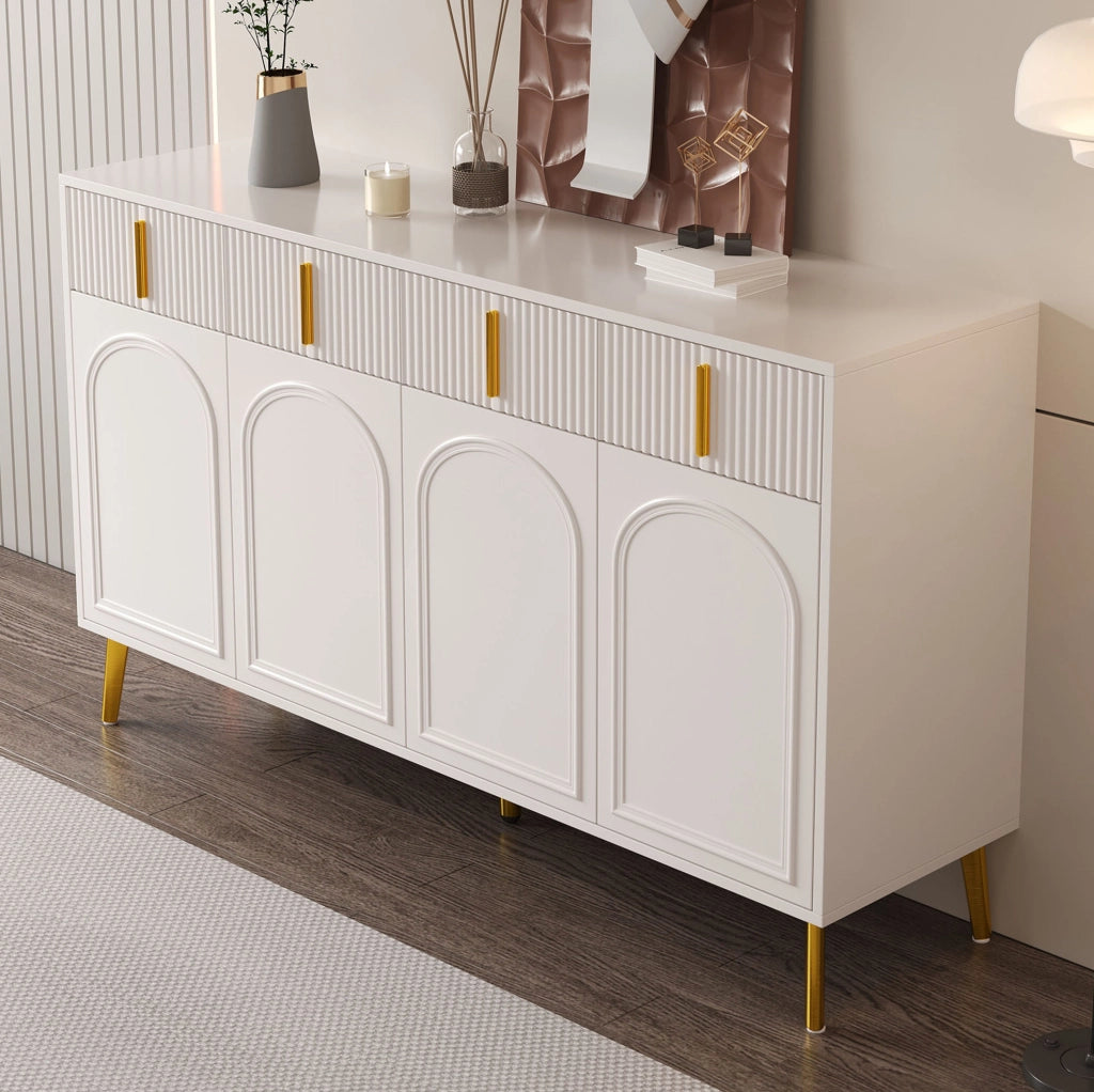 Credenza 140x38x82 cm in MDF bianco con 4 ante; 4 cassetti e dettagli oro
