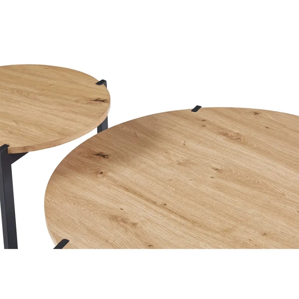 Set di due tavolini rotondi in stile industriale collezione BIANCA - Colore rovere chiaro e nero.