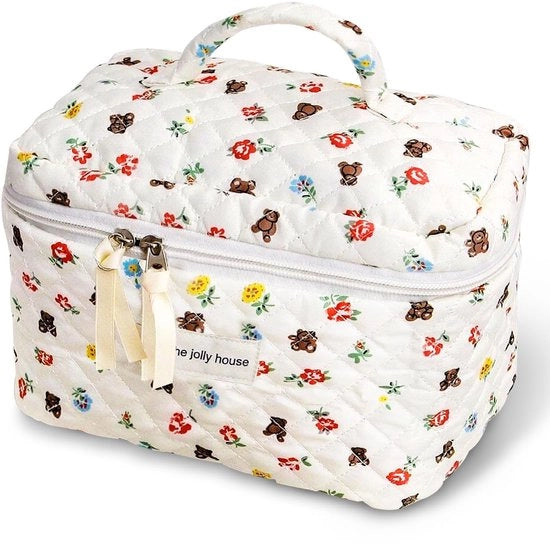 Borse cosmetiche per donne, borsa per trucco fiorita, borsa per trucco estetica, borse da toeletta imbottite, borsa per bellezza, tessuto di cotone, lino e fiori (grande)