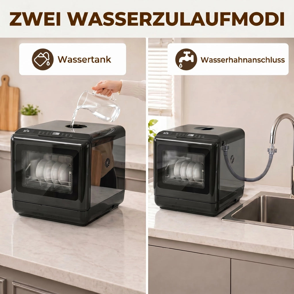 Lavastoviglie da Tavolo Compatta 4 Coperti con Serbatoio Integrato 6L Display LED 5 Programmi Nero
