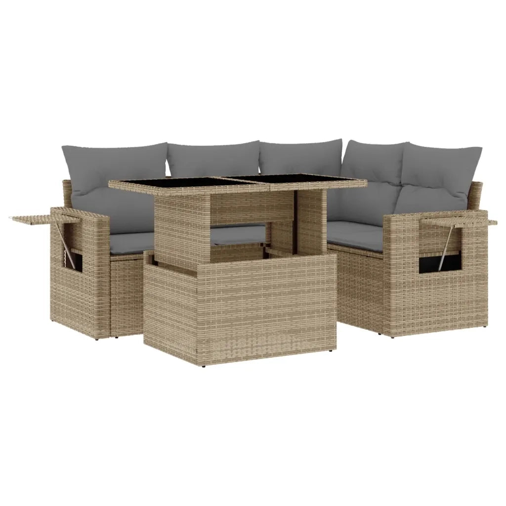 Set Divano da Giardino 5 pz con Cuscini Beige in Polyrattan
