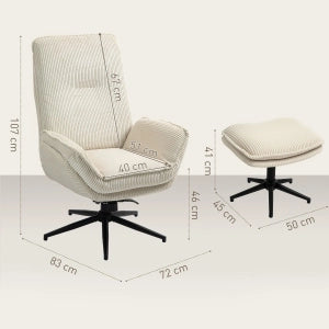 Poltrona relax girevole a 360° con poggiapiedi, schienale reclinabile fino a 130°, in corda beige