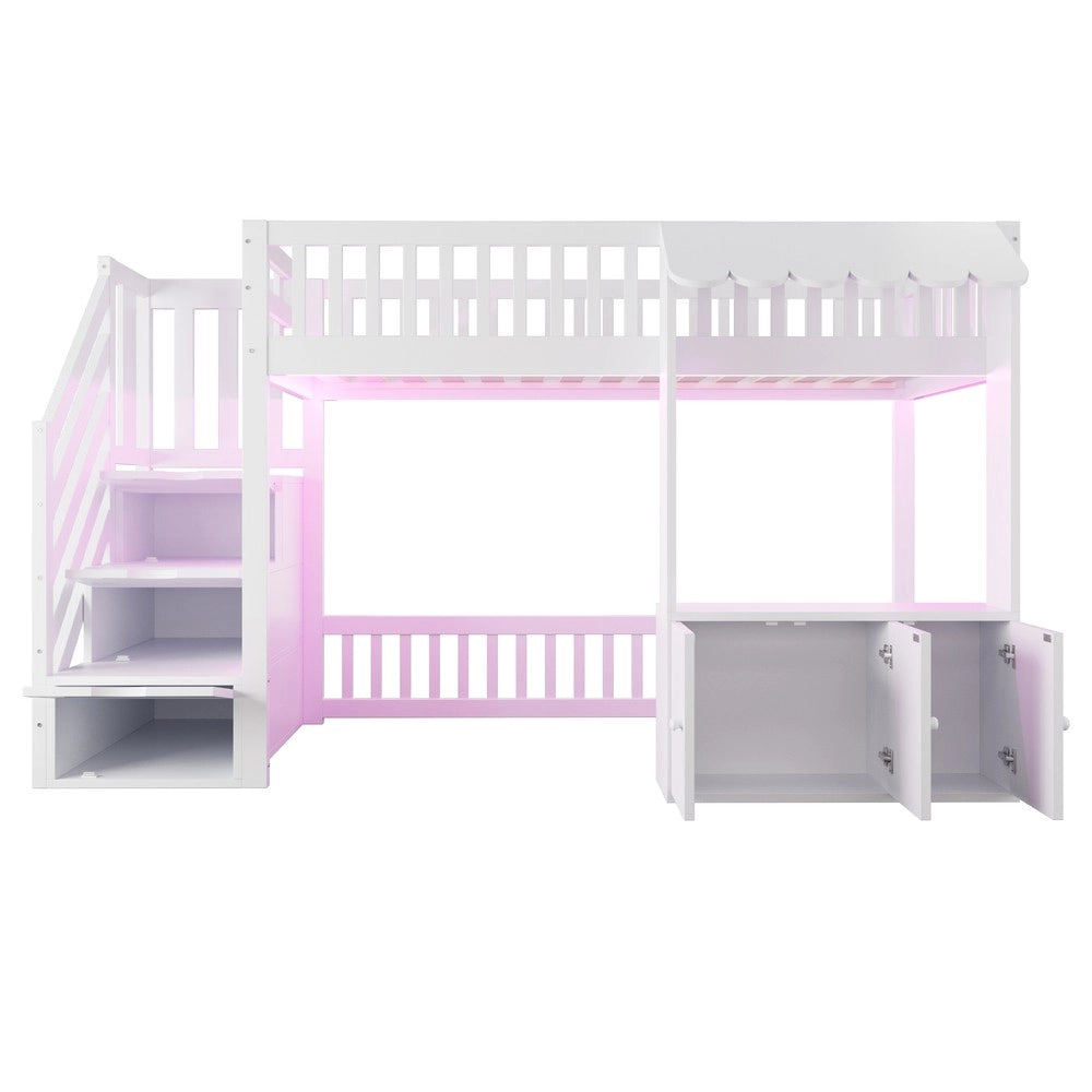 Letto a Soppalco Singolo con Armadio, Scala, LED e Rete a Doghe ¨C Xylo ¨C Bianco 90x200
