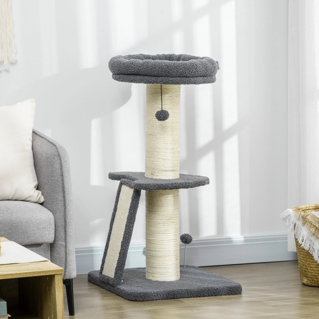 Albero per gatti con tronco griffaio in sisal, palle sospese e piattaforma ¨C zephmum ¨C grigio 92 cm