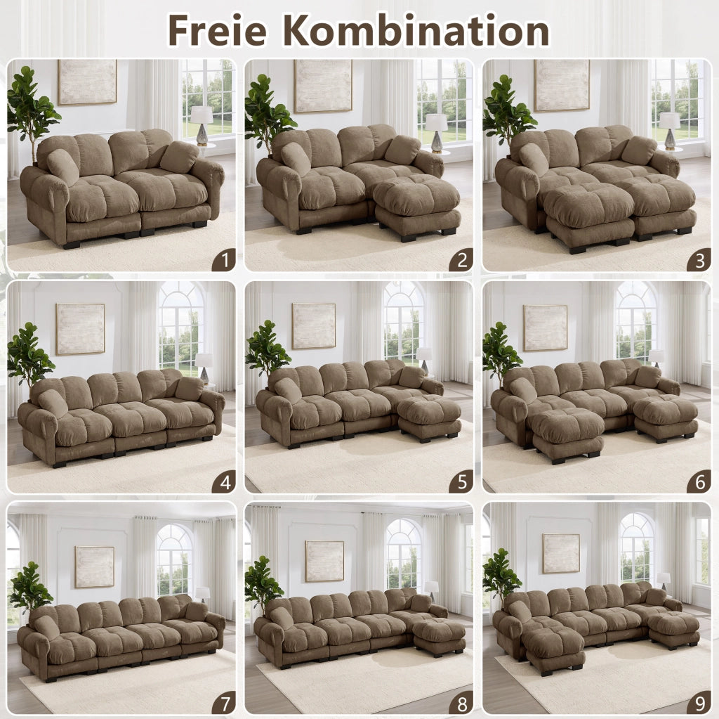 Divano modulare in chenille marrone con cuciture trapuntate; cuscini spessi e 330x86x90 cm
