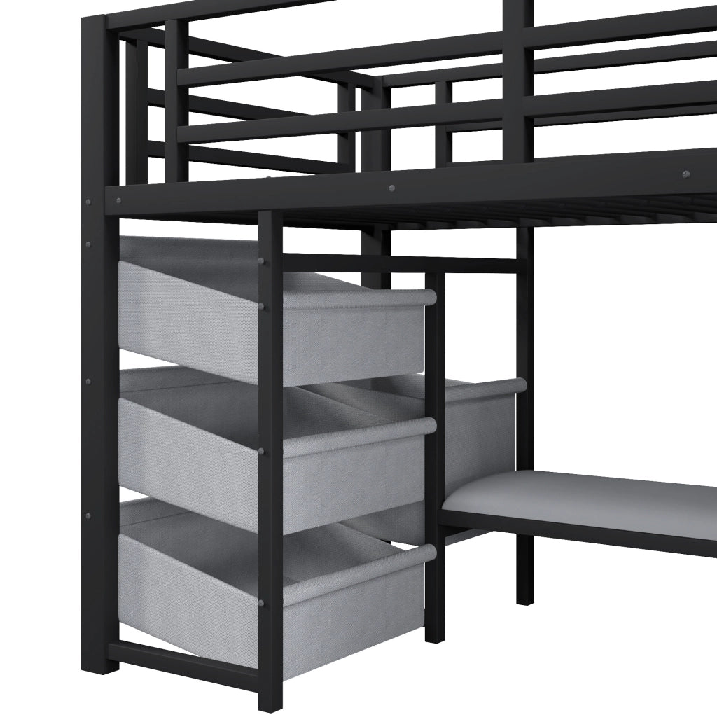 Letto a mezza altezza 90x200 cm in metallo nero con LED, cassetti e tasche