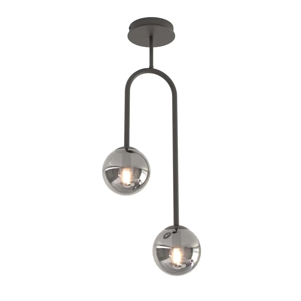 Lampada A Soffitto 2 Luci Kine In Acciaio Nero E Sfere In Vetro Fumè