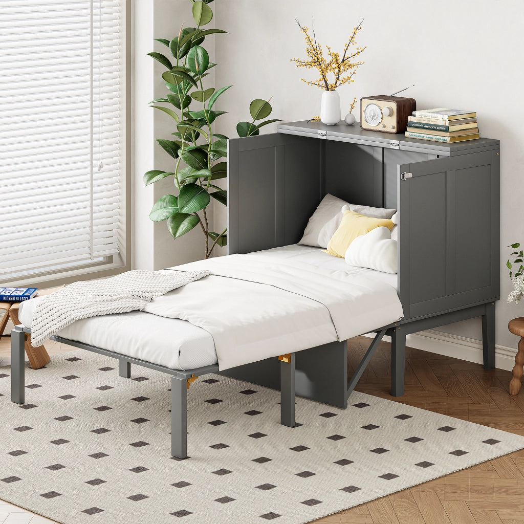 OKWISH Letto a scomparsa 90×200 cm, Letto Singolo con Spazio Contenitore e Mensola, senza Materasso, in Legno, Grigio
