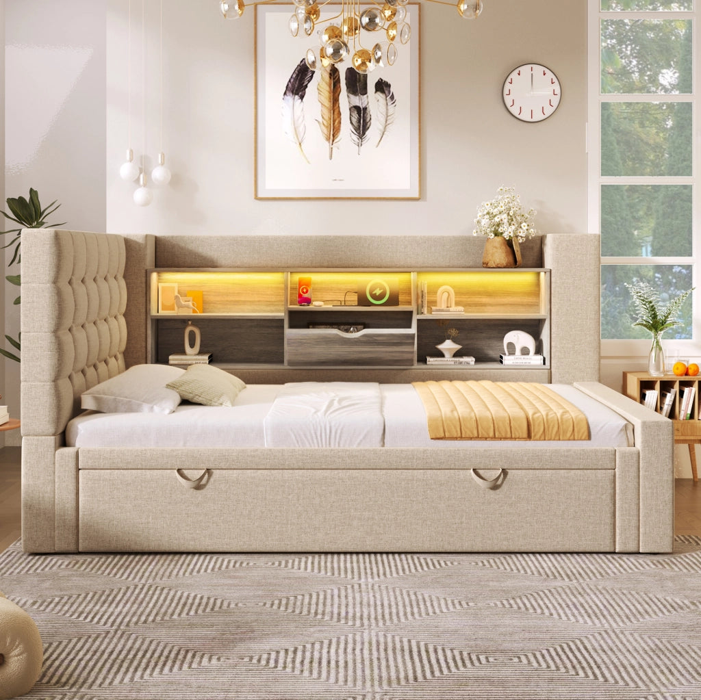Letto imbottito con letto estraibile; LED e porte di ricarica; 90x200 cm; beige