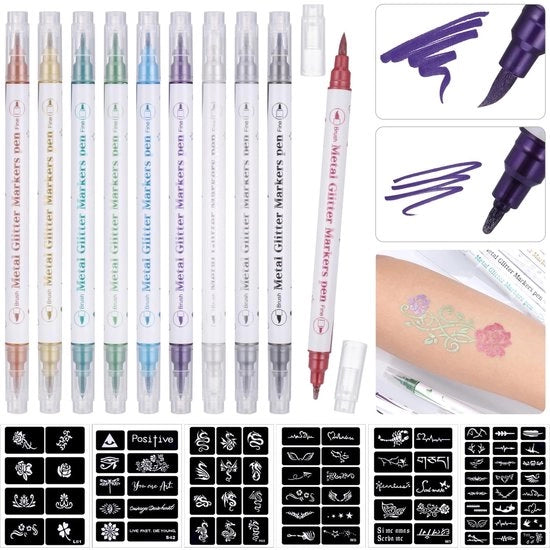 Kit di pennelli per tatuaggi da 10 colori - pennarelli per tatuaggi temporanei - attrezzature per tatuaggi - stencils per bambini - materiale adatto per la pelle - facile da rimuovere - pennarelli per body art