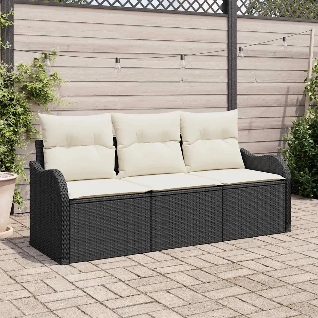 Set Divano da Giardino con cuscino 3 pz | Set Salotto da Giardino Nero polyrattan