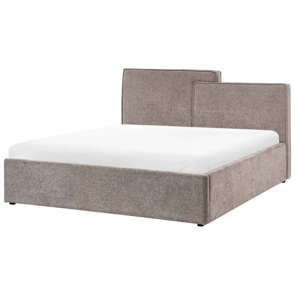 Letto contenitore rivestito in tessuto grigio marrone 160 x 200 cm testiera asimmetrica a gradini in stile scandinavo
