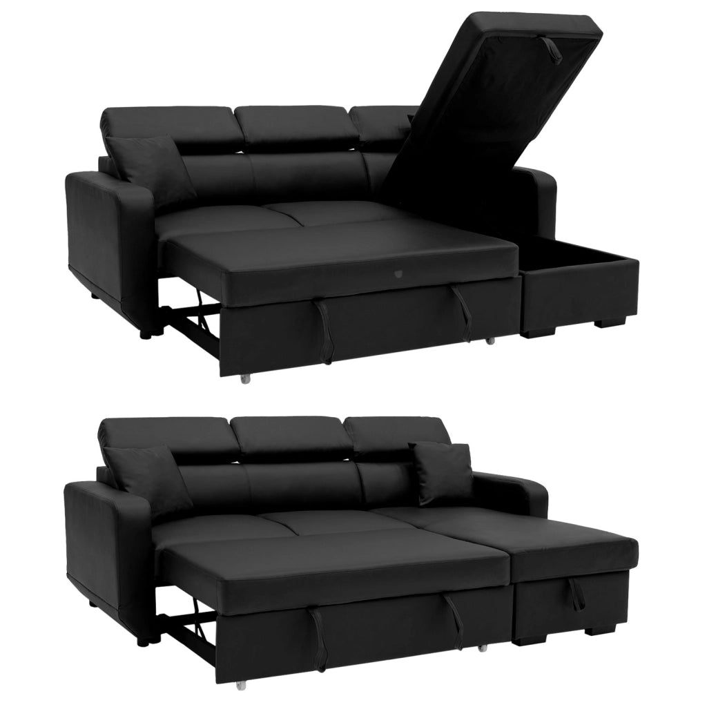 Divano letto angolare WARREN a 3 posti in similpelle nera