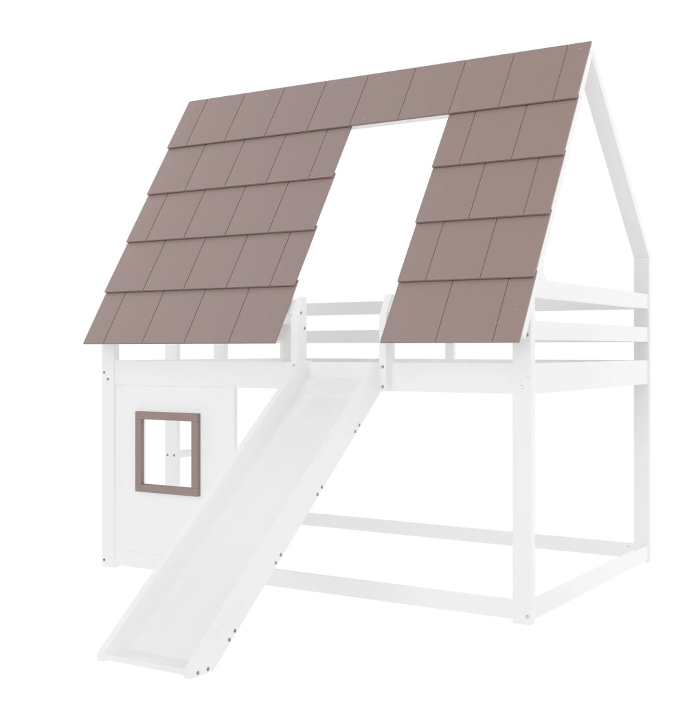 Letto a castello 140x200 cm a forma di casa con tetto; scala e scivolo in MDF; pino; compensato marrone e bianco