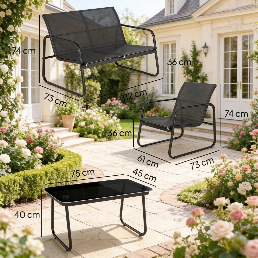 Set da giardino 4 pezzi con divano; 2 poltrone e tavolino; in acciaio e vetro temperato; nero
