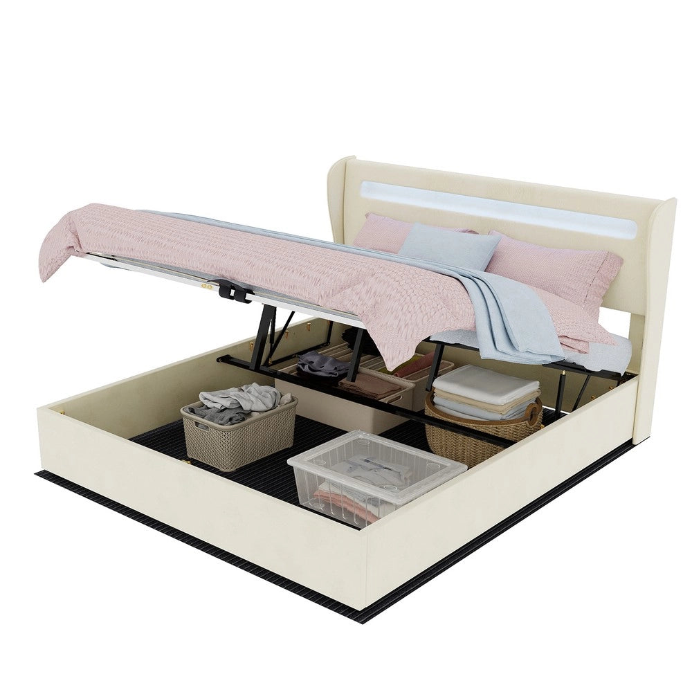 Letto Contenitore Imbottito con Testiera LED ¨C MINIMAL ¨C Velluto Beige 160x200