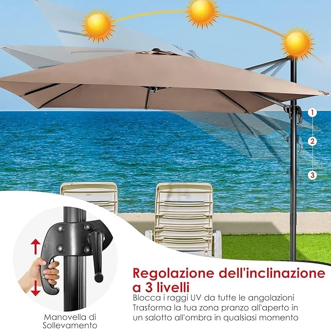 Ombrellone da Giardino, 300 x 300 cm, Ombrellone da Esterno con 3 Inclinazioni, Rotazione a 360°, Manovella, 8 Stecche, Base Incrociata (Caffè)