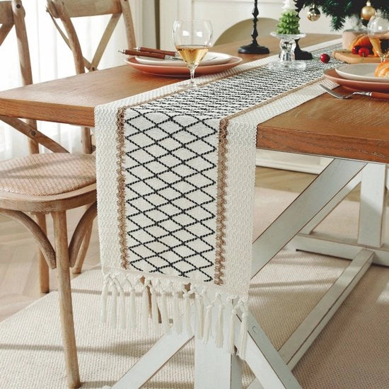 Telaio per tavola di lino cotone con disegno a griglia - 30x183cm - tovaglia da tavola neutrale bohemienne - decorazione di stoffa di campagna - ideale per la decorazione della tavola, matrimoni, feste e decorazione del tavolo da notte