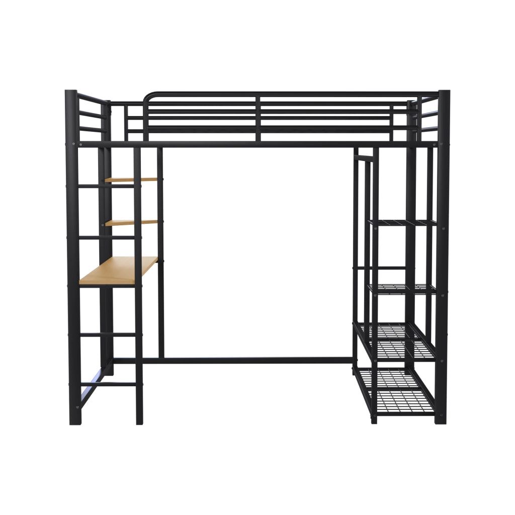 Letto a Soppalco 2 Posti con Scrivania; Appendiabiti e Scaffali 140 x 200 cm; senza Materasso; Nero