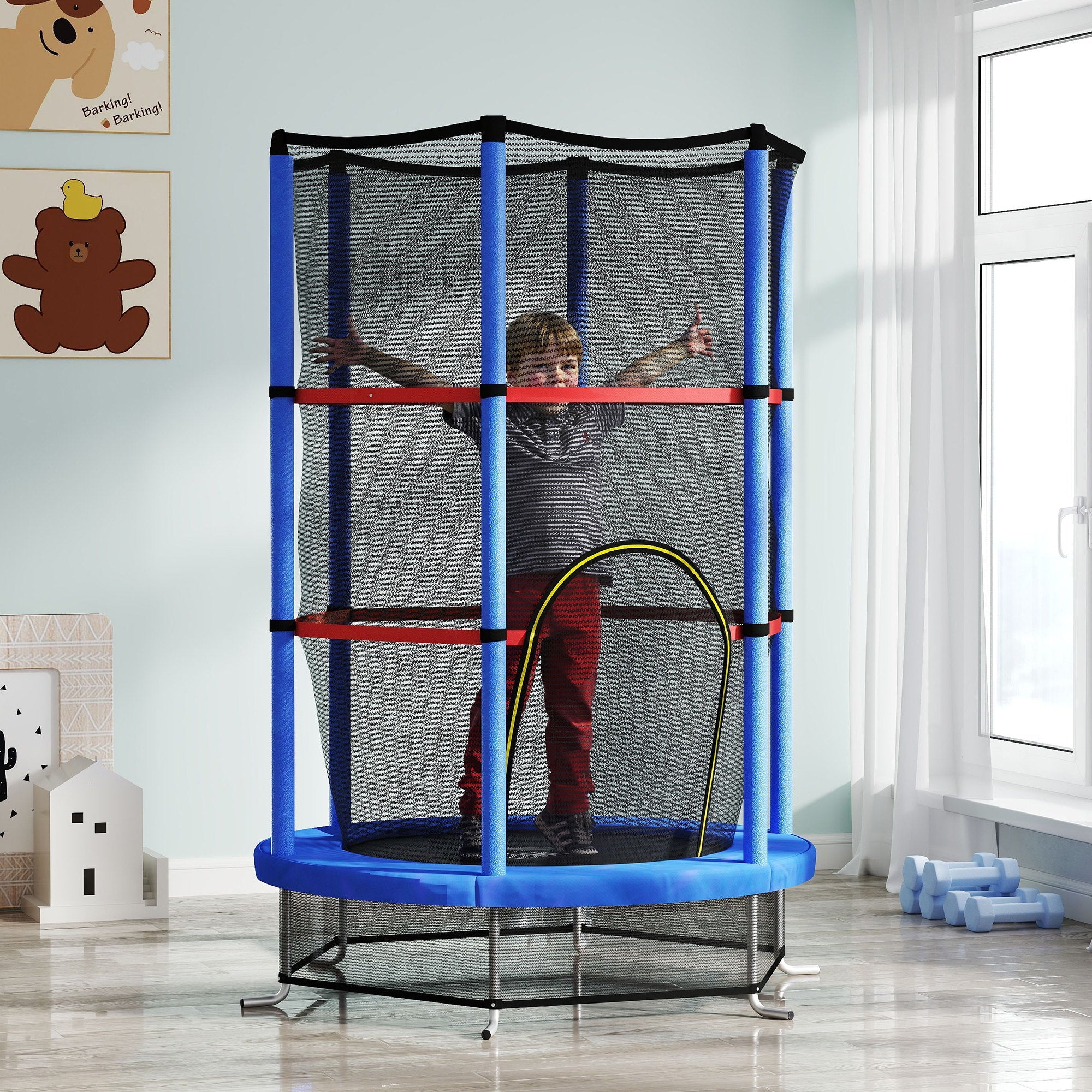 Tappeto Elastico per Bambini 3-6 Anni Ø140x190 cm con Rete di Protezione Blu e Nero