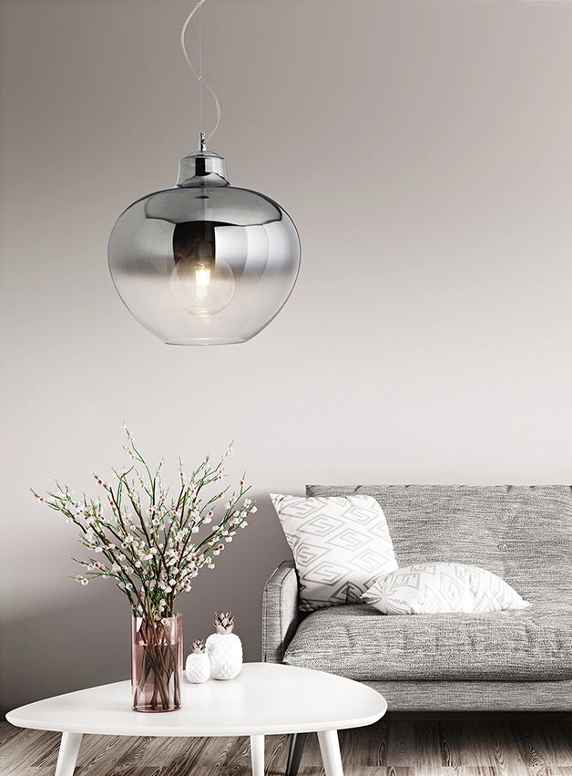 Sospensione vetro  fumé specchiato sfumato + cromo lucido Bowl 1 luce attacco E27 d.36,5cm