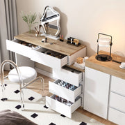 Tavolino da trucco classico con 5 cassetti; in truciolare E1; bianco e rovere