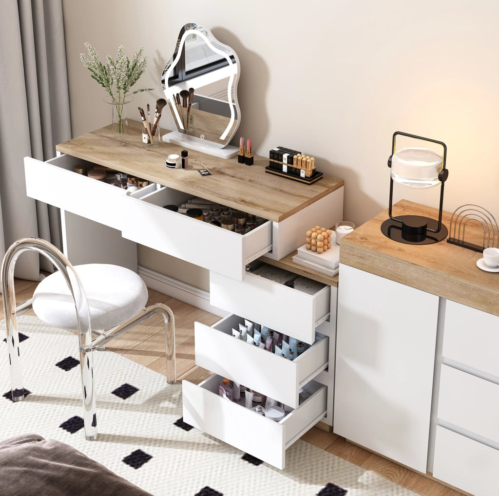 Tavolino da trucco classico con 5 cassetti; in truciolare E1; bianco e rovere