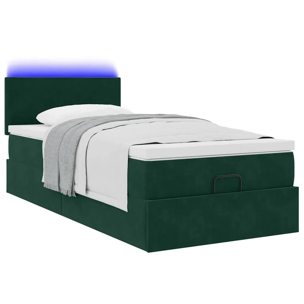 Pouf Letto con Materasso e LED Verde Scuro 90x200cm in Velluto