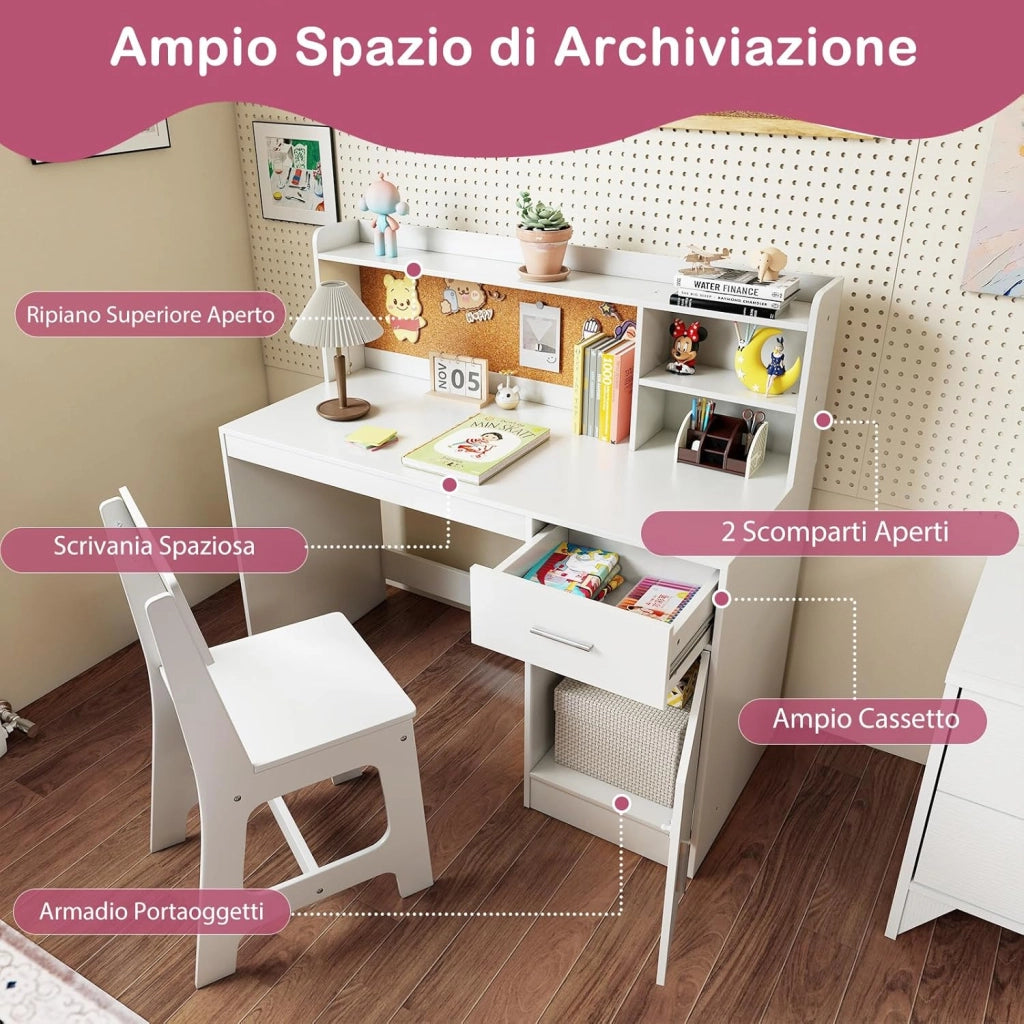 Set Scrivania e Sedia per Bambini 3+ Anni, Tavolo da Scrittura in Legno con Mensole, Cassetto e Bacheca in Sughero, Tavolo e Sedia per Disegno e Studio (Bianco)