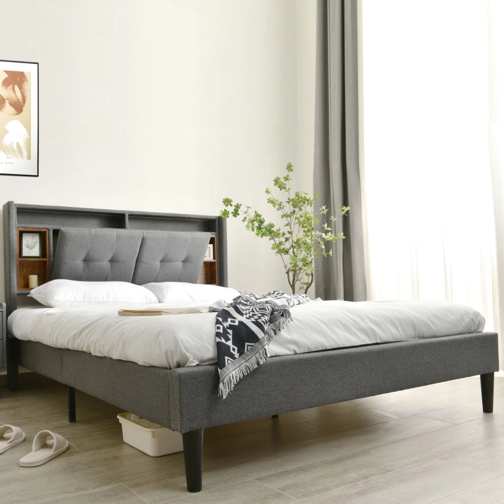LETTO matrimoniale 140x200 cm grigio con testiera contenitore, USB e LED