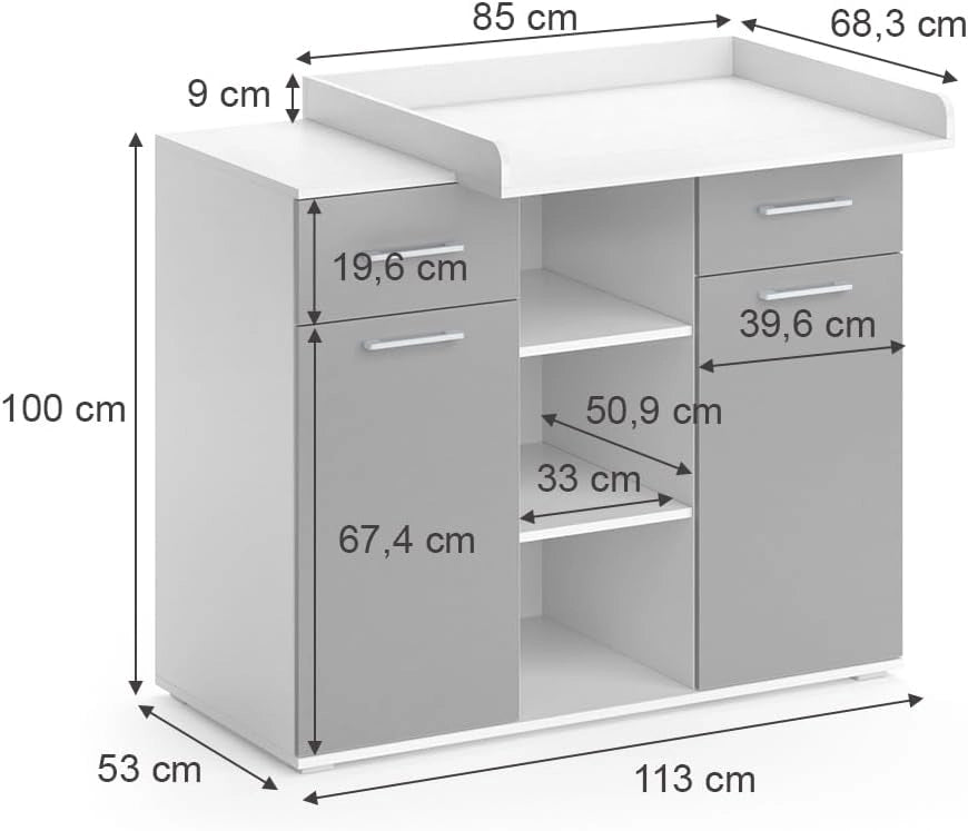 Fasciatoio Leonie, Grigio, 113 x 109 cm, con fasciatoio rimovibile per l'utilizzo come cassettiera
