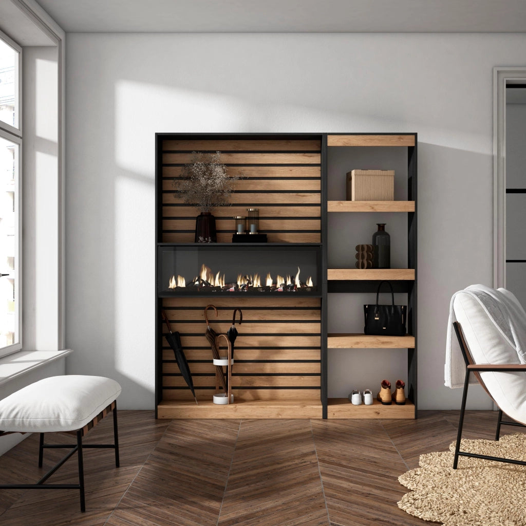 Libreria scaffale, 170x25x186cm, Soggiorno - Ufficio, Camino elettrico, colore Rovere e nero RF2335