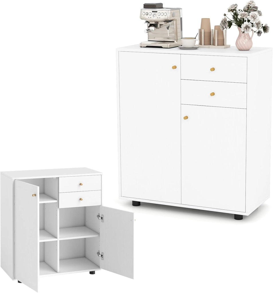 Mobile Dispensa con 2 Cassetti, Credenza da Cucina con 2 Ante, Mobiletto Basso con 3 Ripiani Regolabili, Armadio a Buffet per Sala da Pranzo, Soggiorno, 74x35x85,5 cm(L x P x A) (Naturale)