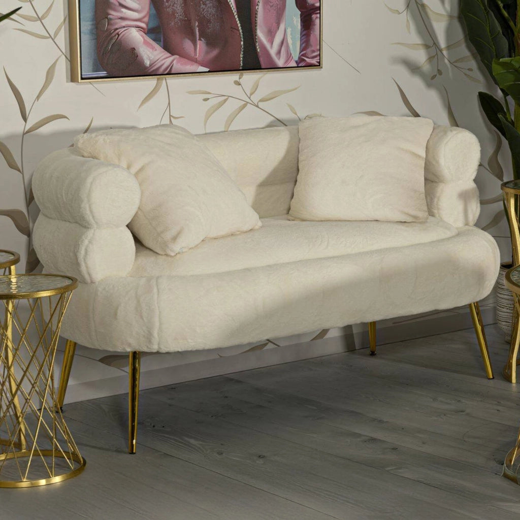 Divano fisso 2 posti Casier, Sofà dritto, Divanetto per salotto, Poltrona matrimoniale, 133x68 h69 cm, Bianco e Oro