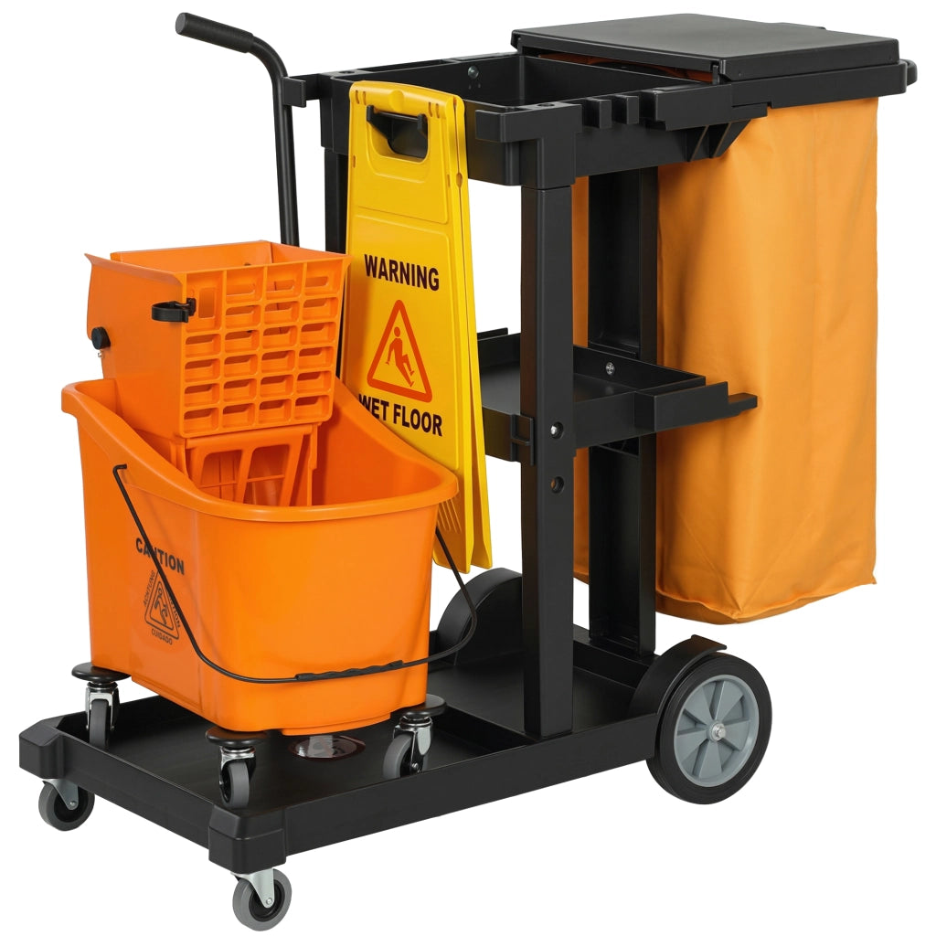 Carrello Pulizie: Ruote. 3 Ripiani. Sacco 70L. Secchio con Strizzatore.