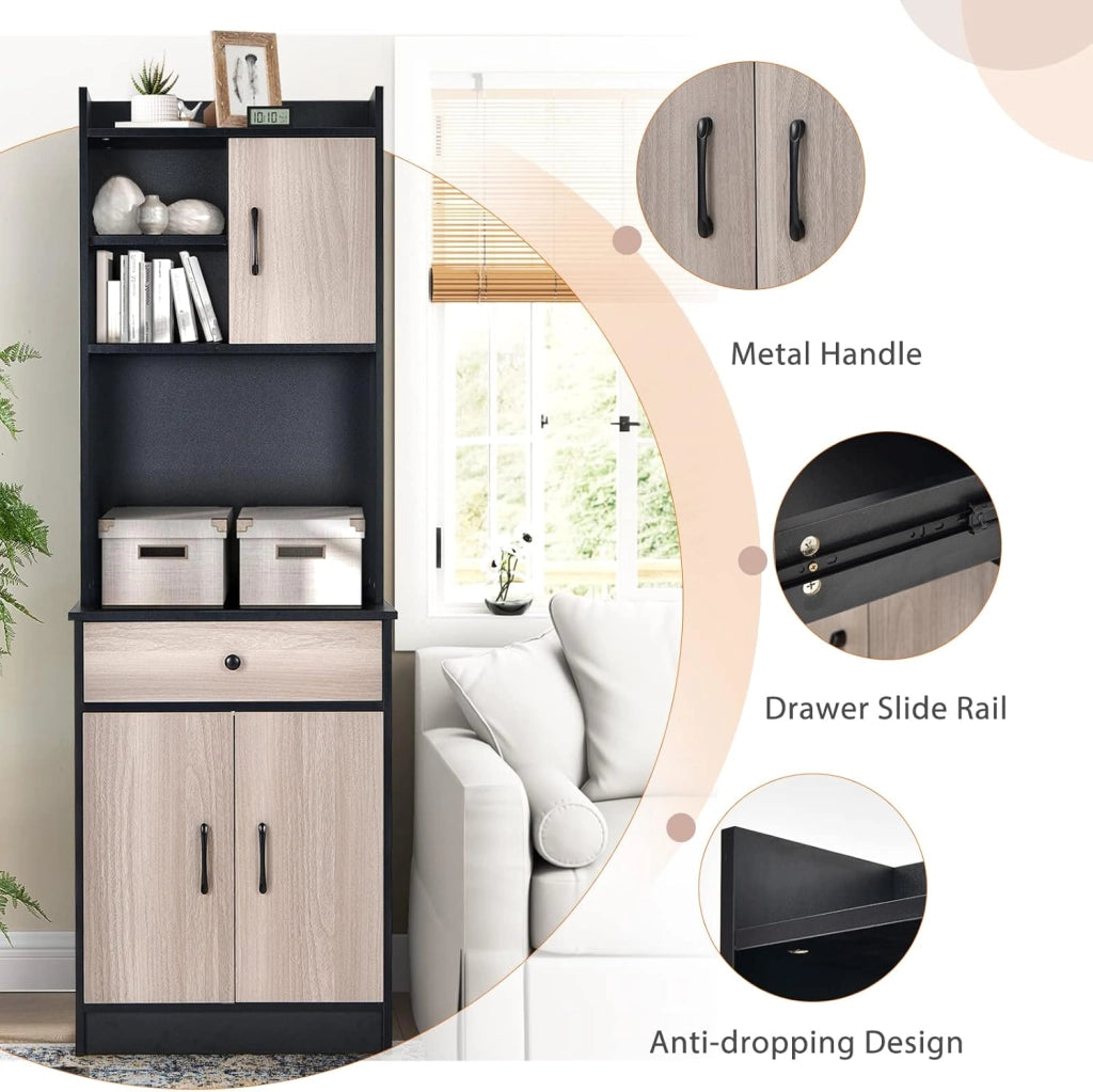 Armadio da Cucina Alto 180 cm, Credenza Alta da Cucina Multiuso, Mobile Buffet con Cassetto e Ripiani Regolabili, Mobiletto Cucina Salvaspazio Credenza, 60x40x180 cm, 2 Colori (Nero)