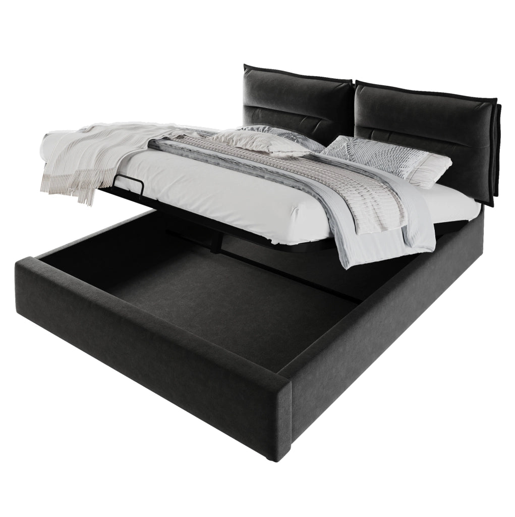 Letto matrimoniale imbottito 140x200 cm in velluto nero con testiera regolabile e contenitore