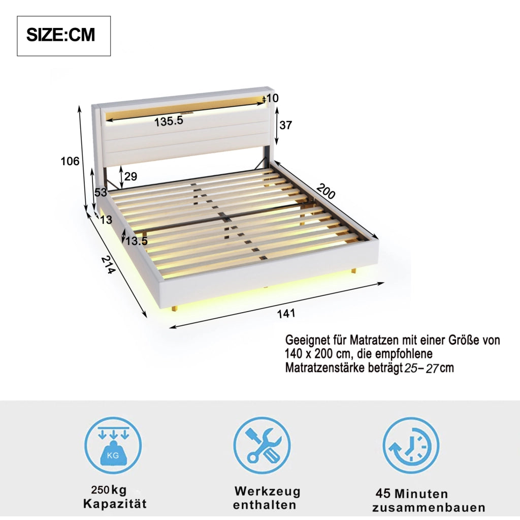 Letto imbottito matrimoniale 140x200 cm beige con USB; LED e testiera ribaltabile