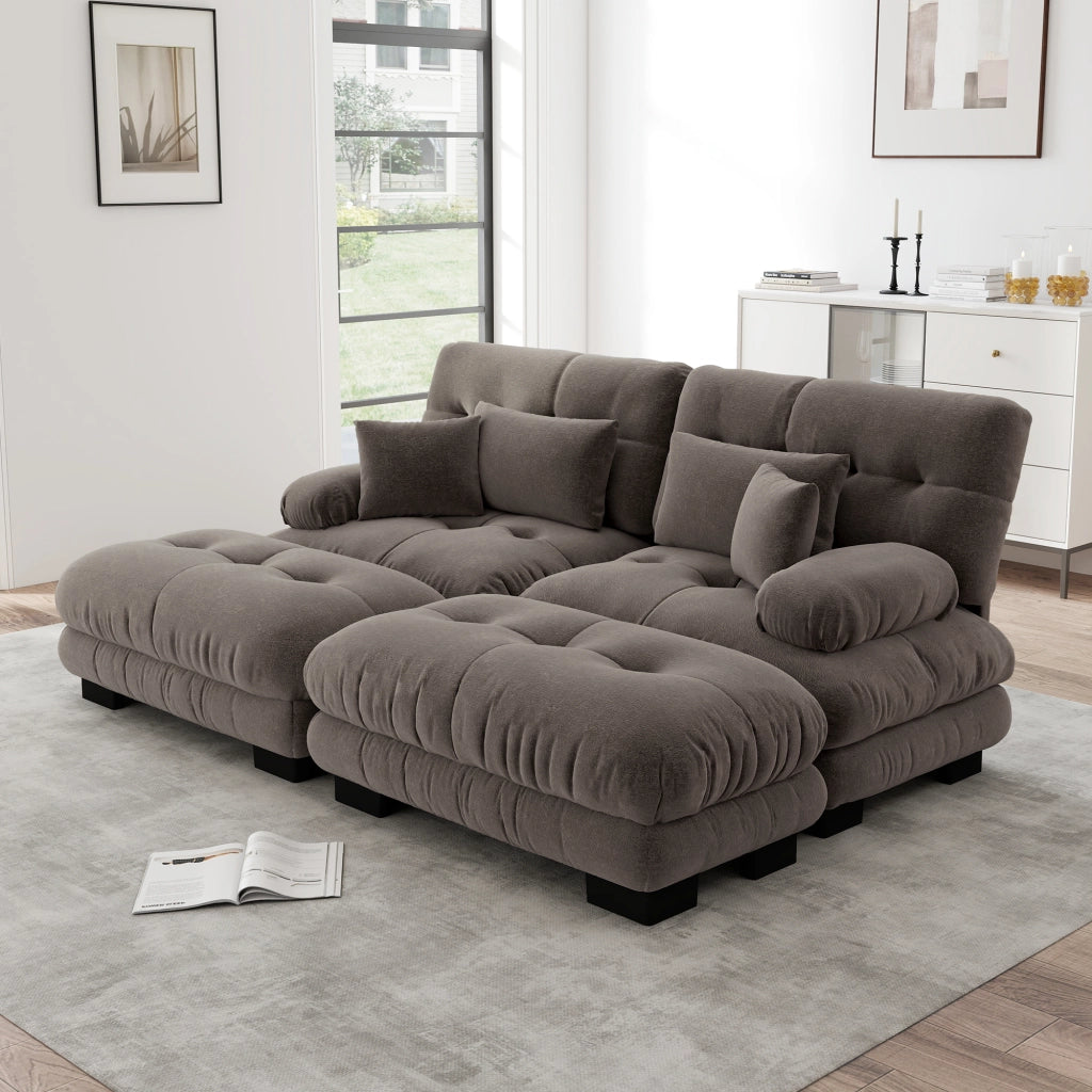 Divano angolare modulare in chenille con braccioli imbottiti e pouf, marrone 220 × 145 × 81 cm