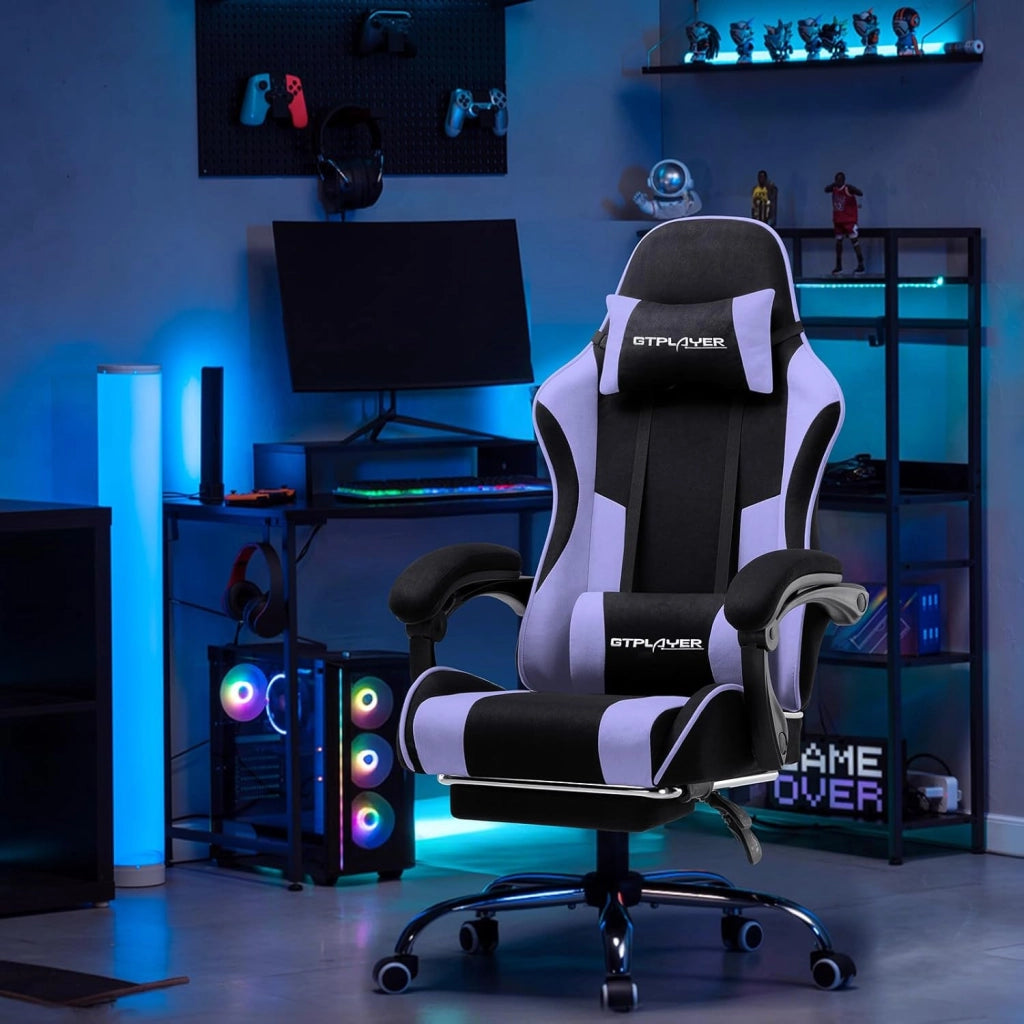 Sedia da gioco, sedia da ufficio, sedia ergonomica, sedia da gioco, con supporto per massaggi, sedie task con poggiapiedi e poggiatesta, tessuto viola