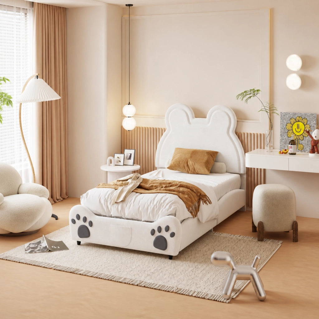 Letto imbottito per bambini 90x200 cm a forma di orso; velluto; bianco
