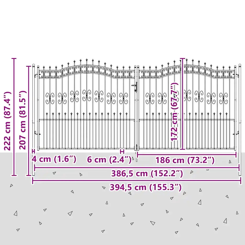 Cancello per recinzione con punta a lancia nero 406x175 cm in acciaio verniciato a polvere 151103