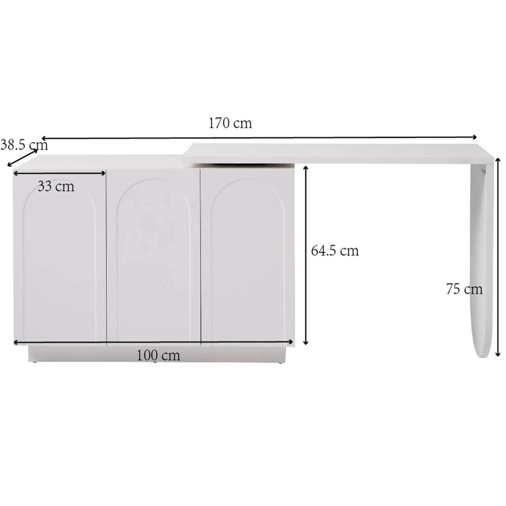 Scrivania angolare con mobile e piano girevole a 360 gradi, 3 vani con ripiani regolabili, in MDF bianco, 110 cm