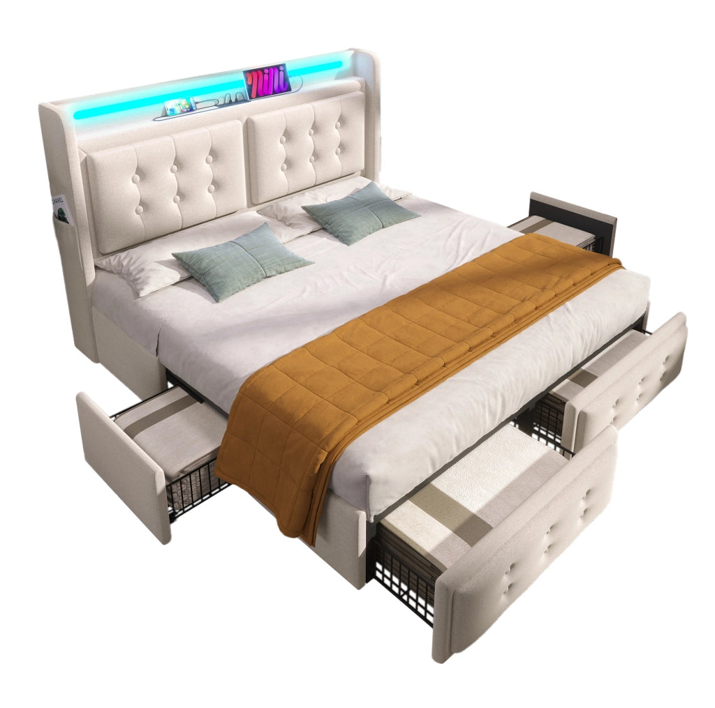 Letto matrimoniale 160x200 cm con materasso; LED; USB-C e 4 cassetti in cotone-lino beige