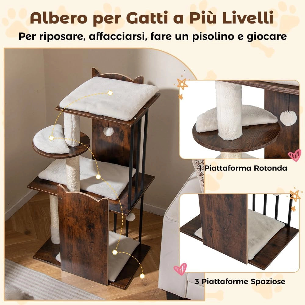 Albero per Gatti Alto 112 cm, Tiragraffi per Gatti in Legno con Posti a Grattare in Sisal, Palline Appese, Cuscini Morbidi Rimovibili e Lavabili, Tiragraffi Gatto per Arrampicata