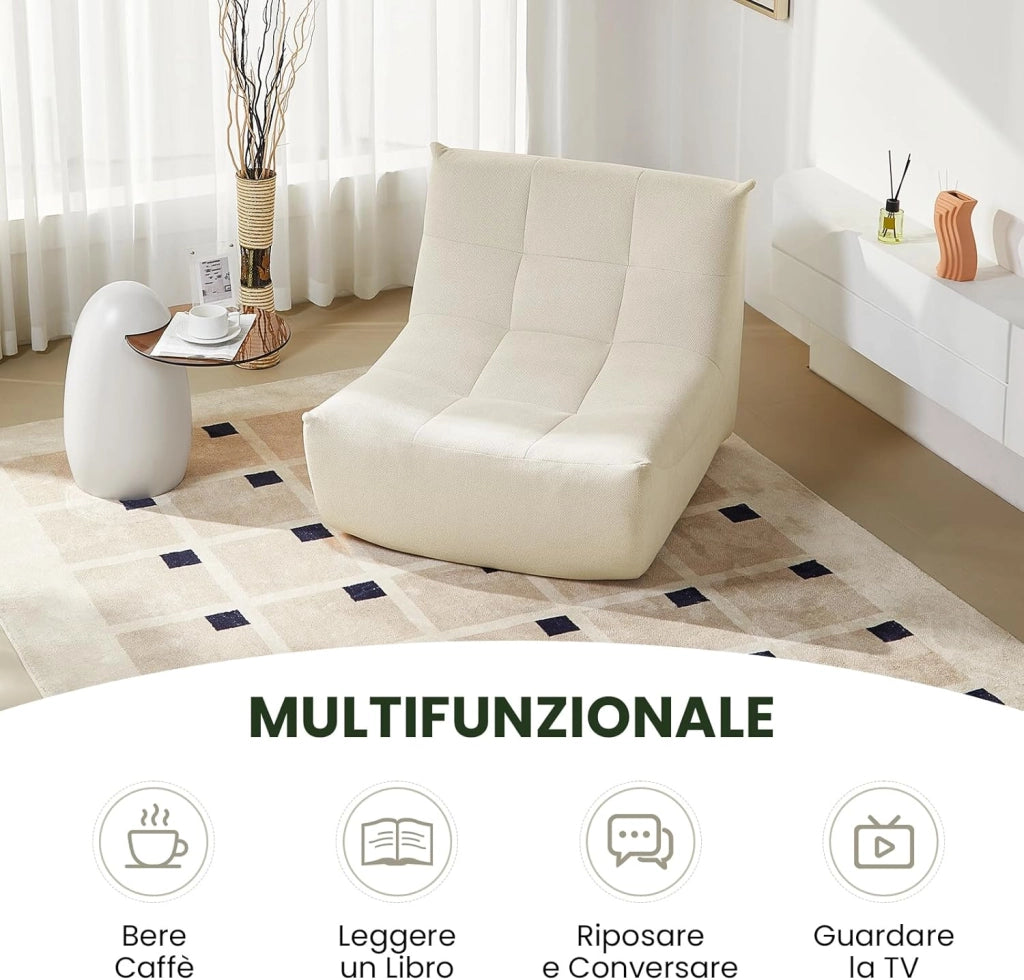 Poltrona Imbottita da Terra, Pouf Poltrona con Schienale, Sfoderabile, per Soggiorno, Camera da Letto, Balcone, 98x84x73 cm, in Spugna, Beige, 0033XXY